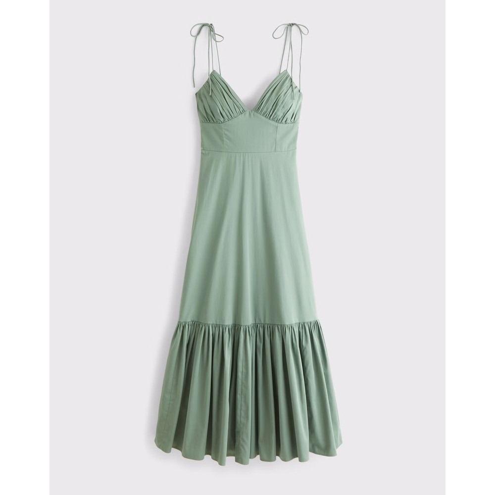 Abercrombie & Fitch Dress Womens XL Green Maxi Tie Strap Tiered Summer Sundress - Picture 4 of 11